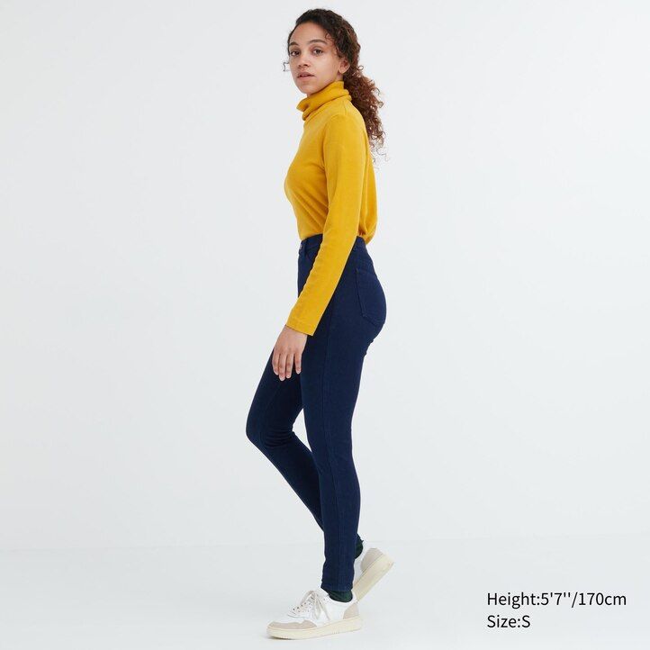 modri ženski uniqlo heattech ultra raztegljivi jeans topi z visokim pasom