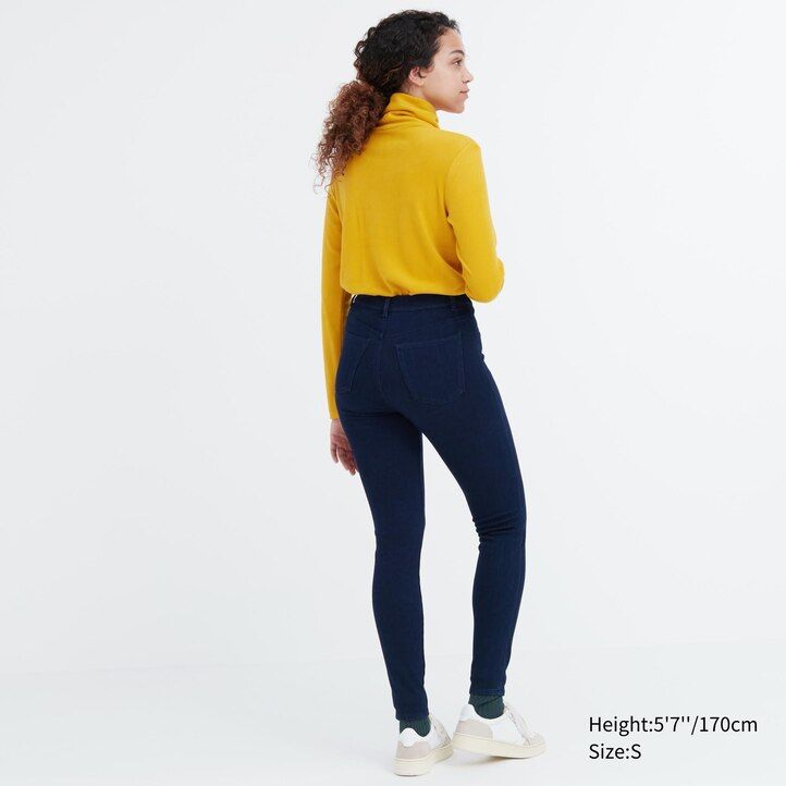 modri ženski uniqlo heattech ultra raztegljivi jeans topi z visokim pasom
