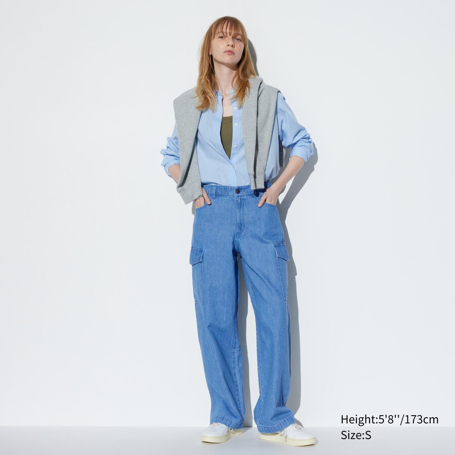 modri uniqlo denim široki ravni legrgo ženski topovi