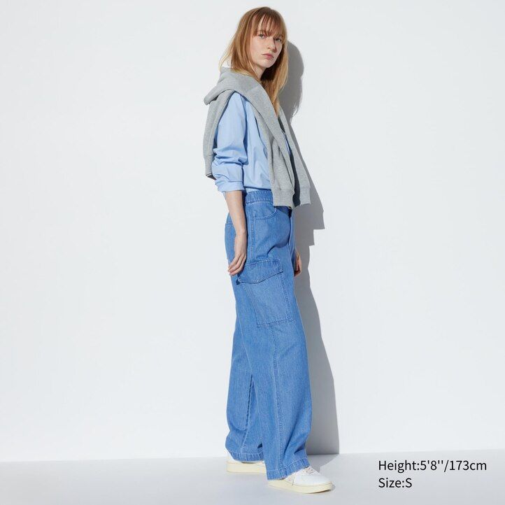 modri uniqlo denim široki ravni legrgo ženski topovi