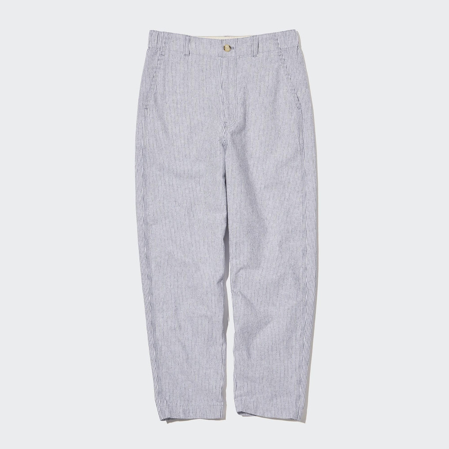 modri črtasti zoženi ženski top uniqlo iz mešanice lana in bombaža