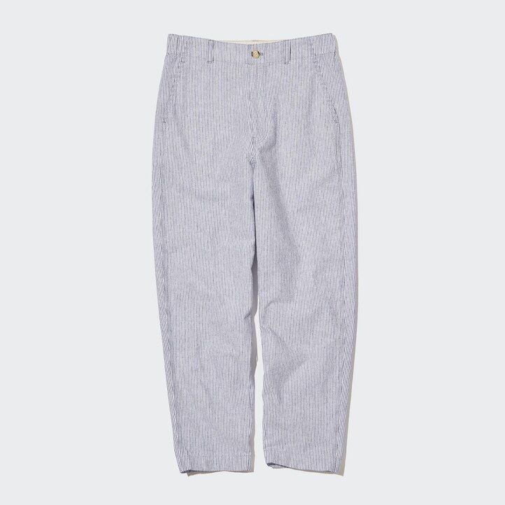 modri črtasti zoženi ženski top uniqlo iz mešanice lana in bombaža