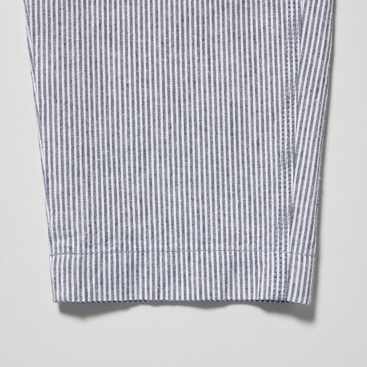 modri črtasti zoženi ženski top uniqlo iz mešanice lana in bombaža