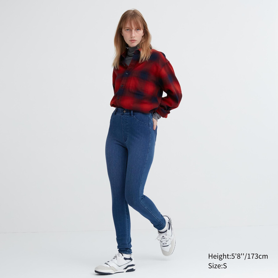 modri ženski uniqlo heattech ultra raztegljivi jeans topi z visokim pasom